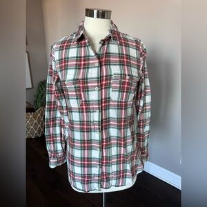 Old Navy Flannel Shirt Cotton Tartan Stewart Plaid Christmas Ivory Red Green Med
